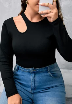 Plus Size Women's Black Ribbed Knitting Shirt Round Neck Long Sleeve Slim Fit Basics Hollow Top -Plus Size Dresses Shop bbec0f7e3bb45a86