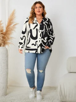 Plus Size Women's Loose Casual V-Neck Top Fashion Lantern Sleeve Printed Shirt