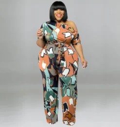 Plus Size Women's Summer Slanted Shoulder Print Jumpsuit With Belt -Plus Size Dresses Shop bc28b258ac3d26b6