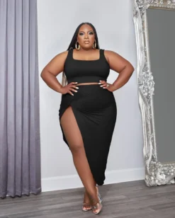 Plus Size Women Casual Solid Vest + Slit Dress Two-piece Set