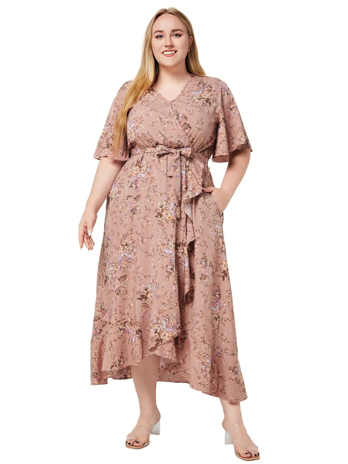 Plus Size Women Summer V Neck Short Sleeve Ruffle Print Pocket Dress 4 Plus Size Women Summer V Neck Short Sleeve Ruffle Print Pocket Dress - Image 2