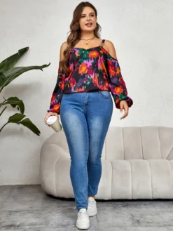 Plus Size Women Graffiti Print Puffed Sleeves Top -Plus Size Dresses Shop bc8ab8303cf6f27f