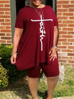 Summer Round Neck Loose Short Sleeve Print Plus Plus Size Two Piece Set -Plus Size Dresses Shop bcef929166c7bdcc