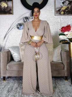 Summer V-Neck Women'S Puff Sleeve Loose Print Slim Waist Plus Size Wide-Leg Jumpsuit