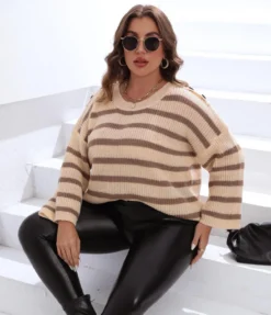 Plus Size Women Striped Button Sleeve Contrast Patchwork Oversized Sweater -Plus Size Dresses Shop be373498b6e325c3