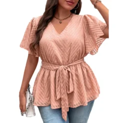 Belly Cover Summer Loose Plus Size Half Short Sleeves Chic V-Neck Top