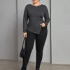 Plus Size Women's Autumn And Winter Long Sleeve T-Shirt Irregular Slit Versatile Basic Slim Top -Plus Size Dresses Shop be49ba801595f8ea