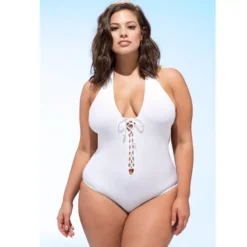 Women's Solid Color Halter Neck Lace-Up One Piece Plus Size Swimwear -Plus Size Dresses Shop becfac469b55d966