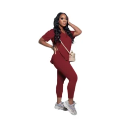 Plus Size Solid Color Slit V-Neck Two-Piece Set