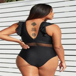 Plus Size Women Solid Mesh One Piece Swimwear -Plus Size Dresses Shop bf191288381ee3be