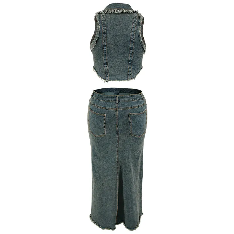 Plus Size Women's Denim Sleeveelss Zipper Top Slit Long Skirt Two Piece Set 4 Plus Size Women's Denim Sleeveelss Zipper Top Slit Long Skirt Two Piece Set - Image 2