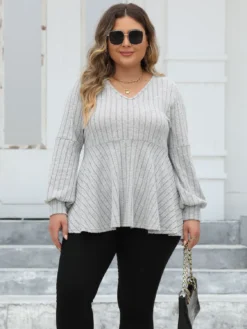 Women's Plus Size Tops Spring And Autumn V-Neck Ribbed Lantern Sleeve T-Shirt Basic Shirt -Plus Size Dresses Shop bff8ed277ae859a7