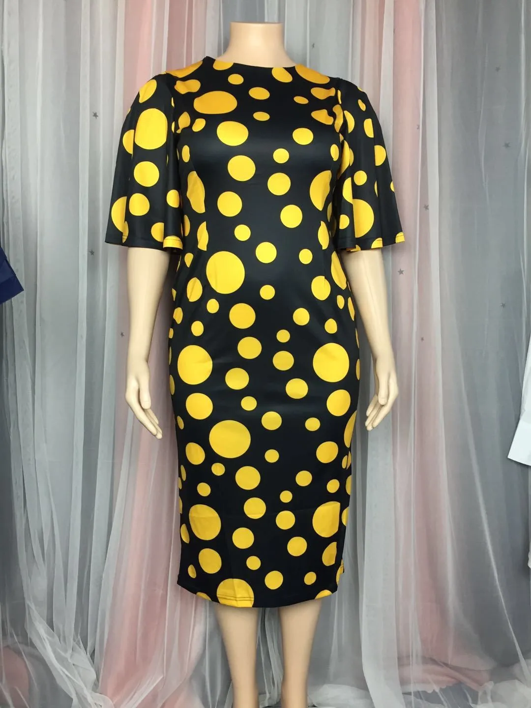 Spring Summer Wide Sleeve Polka Dot Print Plus Size Bodycon Dress Women Clothes 4 Spring Summer Wide Sleeve Polka Dot Print Plus Size Bodycon Dress Women Clothes - Image 2
