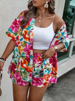 Summer Plus Size Printed Two Piece Women's Short Sleeve Shirt Shorts Set -Plus Size Dresses Shop c107f71e61ec6a3a