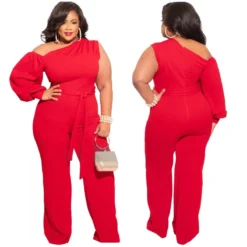 Fall Plus Size Women'S Slash Shoulder Single Sleeve Wide Leg Jumpsuit With Belt -Plus Size Dresses Shop c135ccdf349d2263