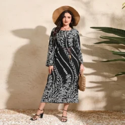Chic Elegant Printed Loose Long Sleeve Plus Size Dress