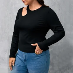 Plus Size Women's Black Ribbed Knitting Shirt Round Neck Long Sleeve Slim Fit Basics Hollow Top -Plus Size Dresses Shop c21c0bc28c0e8bbd