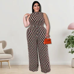 Plus Size Women Clothes Elegant Plaid Stand Collar Sleeveless Wide Leg Jumpsuit -Plus Size Dresses Shop c2a79ab266fc5ef9