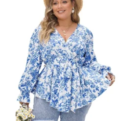 Spring Ruffled Tops Blue V-Neck Printed Long-Sleeved Shirts For Women -Plus Size Dresses Shop c356a17c9df00ec2