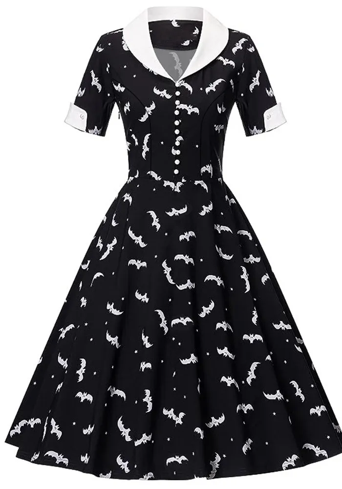 Halloween Witch Bat Print Short Sleeve Button Black And White Turndown Collar Retro A-Line Swing Dress 10 Halloween Witch Bat Print Short Sleeve Button Black And White Turndown Collar Retro A-Line Swing Dress - Image 8