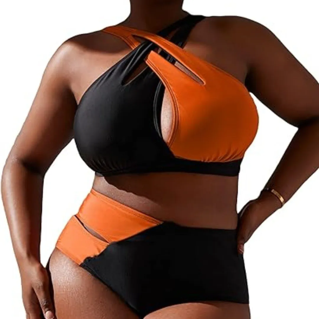 Plus Size Women Color Block Two Pieces Swimwear 4 Plus Size Women Color Block Two Pieces Swimwear - Image 2