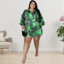 Plus Size Women Clothes Summer Print Long Sleeve Turndown Collar Short Jumpsuit -Plus Size Dresses Shop c3b72ddfb071e57d