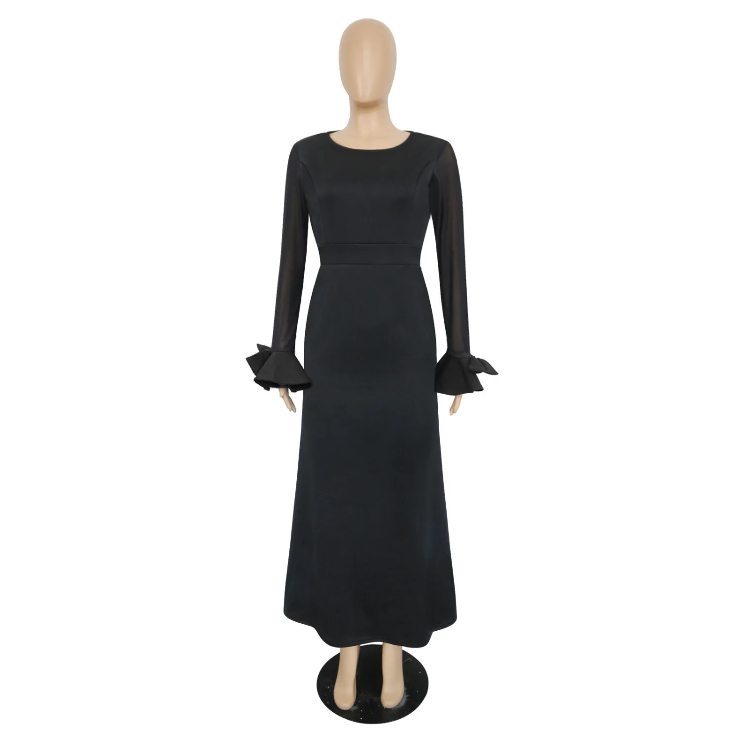 Women's Round Neck Long Sleeve Mesh Patchwork Maxi Dress Solid Plus Size Dress 7 Women's Round Neck Long Sleeve Mesh Patchwork Maxi Dress Solid Plus Size Dress - Image 5