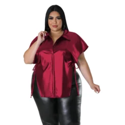 Plus Size Women's Pu Leather Shirt Summer Casual Loose Fit Solid Top -Plus Size Dresses Shop c3dfe36674c0be46