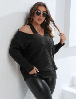 Women's Fall Winter Pullover Tops Plus Size Women's Style Cutout Shoulder Knit V Neck Sweater -Plus Size Dresses Shop c463b28374f4ff30