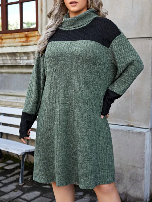 Plus Size Women High Neck Knitting Color Block Loose Casual Dress 10 Plus Size Women High Neck Knitting Color Block Loose Casual Dress - Image 8