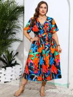 Plus Size V-Neck Printed Dress Beach Holidays Beach Loose Long Dress -Plus Size Dresses Shop c4d3f78b54209954