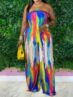 Women Rainbow Print Sexy Off-Shoulder Jumpsuit