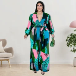 Plus Size Women Long Sleeve V-Neck Bell Bottom Jumpsuit -Plus Size Dresses Shop c4e58687e1b7b948
