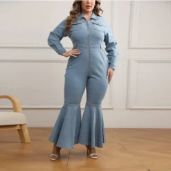 Plus Size Women's Zipper Turndown Collar Long Sleeve Bell Bottom Denim Jumpsuit -Plus Size Dresses Shop c51d9485e4b9ad9c