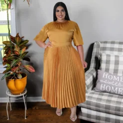 Plus Size Women's Fall Winter Pleated Round Neck Long Dress Short Sleeves -Plus Size Dresses Shop c5b4cd65e1ce12e7