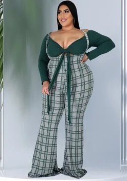 Plus Size Women Long Sleeve Top And Plaid Suspenders Set -Plus Size Dresses Shop c6090616c33e4b4b
