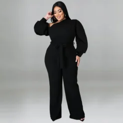 Plus Size Women Solid Balloon Sleeve Slash Shoulder Belted Jumpsuit -Plus Size Dresses Shop c7c3eb3a1a5ac0c1