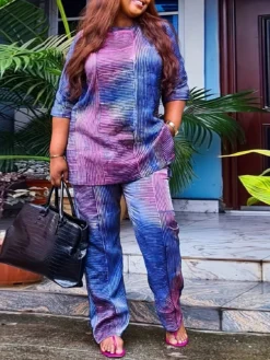 Plus Size Women Clothing Trend Multi-Color Stripe Casual Loose Two-piece Set