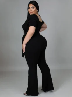 Women Summer Black Formal Sweetheart Neck Short Sleeves Solid Belted Full Length Regular Plus Size Jumpsuit -Plus Size Dresses Shop ca0bcf24510f6f17