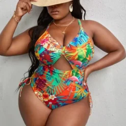 Plus Size Multicolor Print Hollow Crossover Lace-Up One-piece Swimsuit -Plus Size Dresses Shop cb10863f273796d7