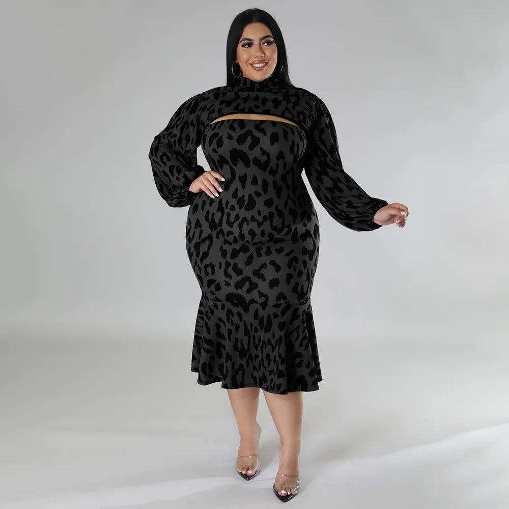 Fall Long Sleeve Printed Slim Stand Collar Long Sleeve Cape Top Strapless Ruffle Dress Wo Piece Set 11 Fall Long Sleeve Printed Slim Stand Collar Long Sleeve Cape Top Strapless Ruffle Dress Wo Piece Set - Image 9