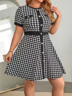 Plus Size Women Houndstooth Print Button Short Sleeve Round Neck Dress 14 Plus Size Women Houndstooth Print Button Short Sleeve Round Neck Dress -Plus Size Dresses Shop cbf280bf140da884