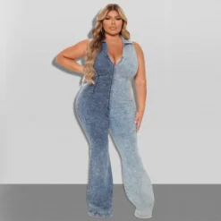 Plus Size Women's Fall Color Block Wash Sexy Denim Jumpsuit -Plus Size Dresses Shop cc3271e2ca555096