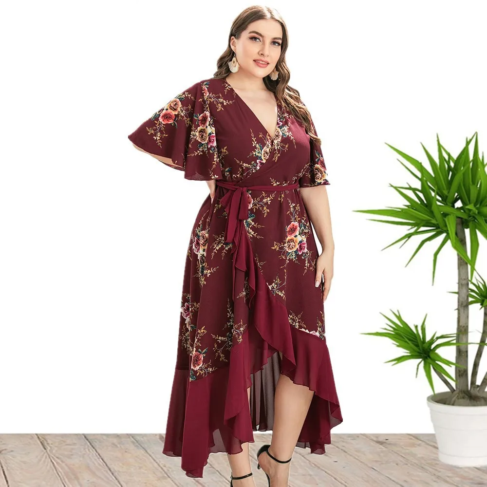Plus Size Women's Summer V-neck Ruffled Irregular Print Dress 9 Plus Size Women's Summer V-neck Ruffled Irregular Print Dress - Image 7