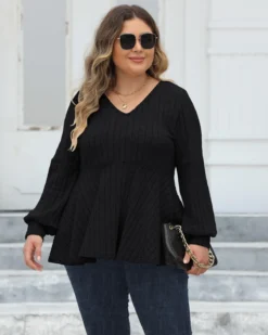 Women's Plus Size Tops Spring And Autumn V-Neck Ribbed Lantern Sleeve T-Shirt Basic Shirt -Plus Size Dresses Shop ce50075f9fa7856f