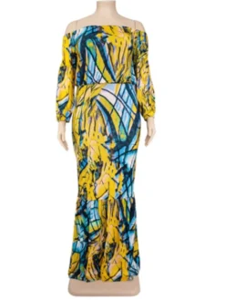 Autumn Plus Size Printed Yellow Off Shoulder Puff Sleeve Top And Maxi Skirt Set -Plus Size Dresses Shop ce594aa29af954a3