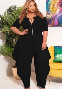 Plus Size Women Solid Zip Short Sleeve Jumpsuit -Plus Size Dresses Shop ce70fedd661a82b8
