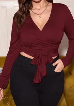 Plus Size Women V Neck Knotted Crossover Crop Top -Plus Size Dresses Shop cf0e4b89eed6846e