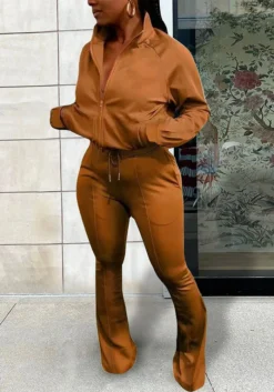 Women Solid Sports Casual Zipper Top And Bell Bottom Two-piece Pants Set -Plus Size Dresses Shop cf3a8fdf847df46b