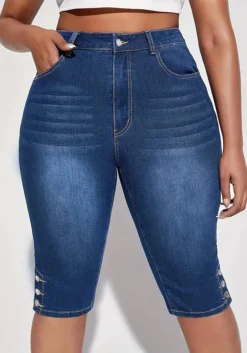 Plus Size Women Summer Button Stretch Denim Cropped Pants -Plus Size Dresses Shop cf6af680017c7b36